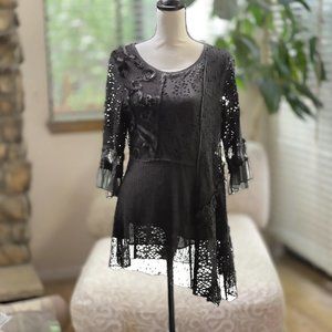 LV Collection Black Lace Crochet Sequins Tunic Top Dress Small